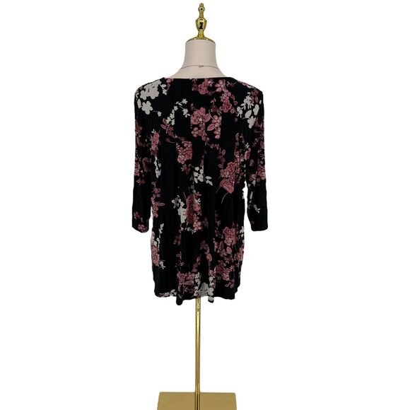 J. Jill Floral Tunic Top Size MEDIUM Wearever Black Blossom Pleated 3/4 Sleeve - Picture 10 of 13